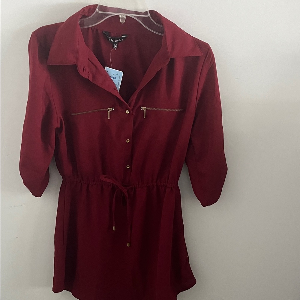 Blush Red Shirt Dress with Gold Zipper Accents